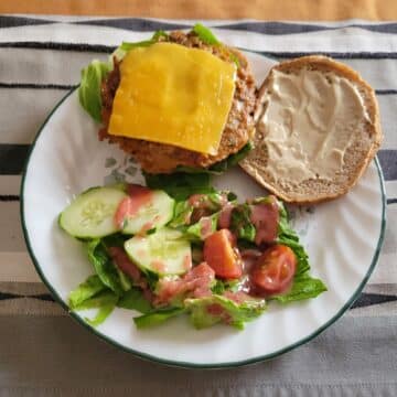 Oatmeal burger with cheddar cheese on a bun, salad on the side